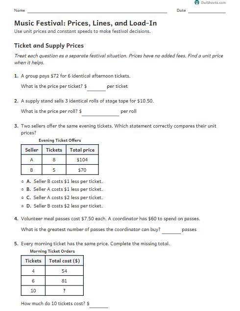 Music Festival: Prices, Lines, and Load-In worksheet preview