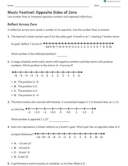 Music Festival: Opposite Sides of Zero worksheet preview