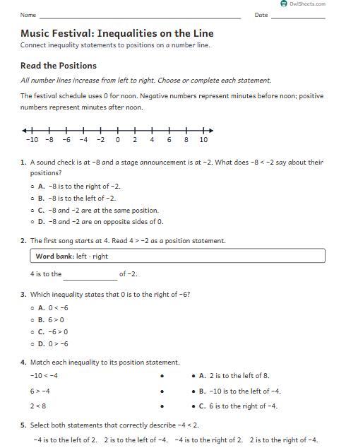Music Festival: Inequalities on the Line worksheet preview