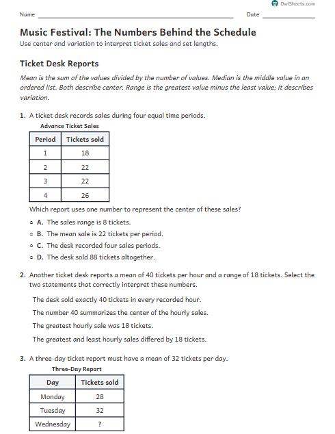Music Festival: The Numbers Behind the Schedule worksheet preview