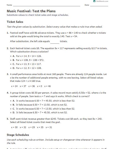 Music Festival: Test the Plans worksheet preview
