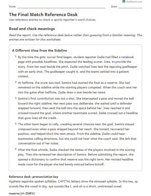 The Final Match Reference Desk worksheet preview