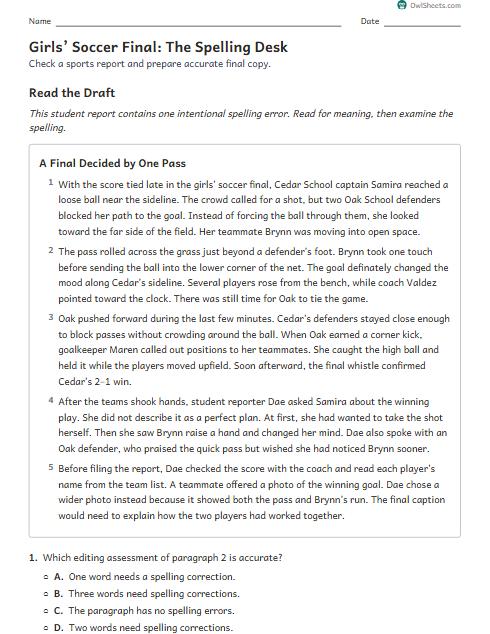 Girls’ Soccer Final: The Spelling Desk worksheet preview