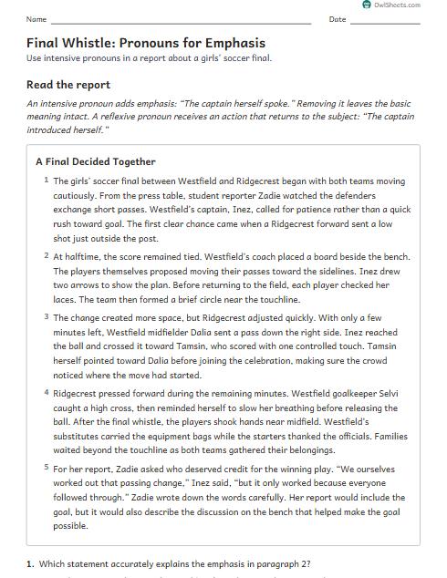 Final Whistle: Pronouns for Emphasis worksheet preview