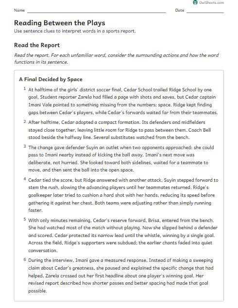 Reading Between the Plays worksheet preview