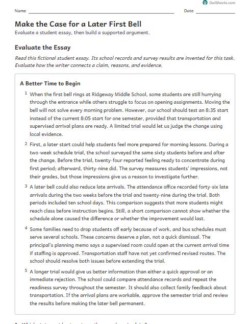 Make the Case for a Later First Bell worksheet preview