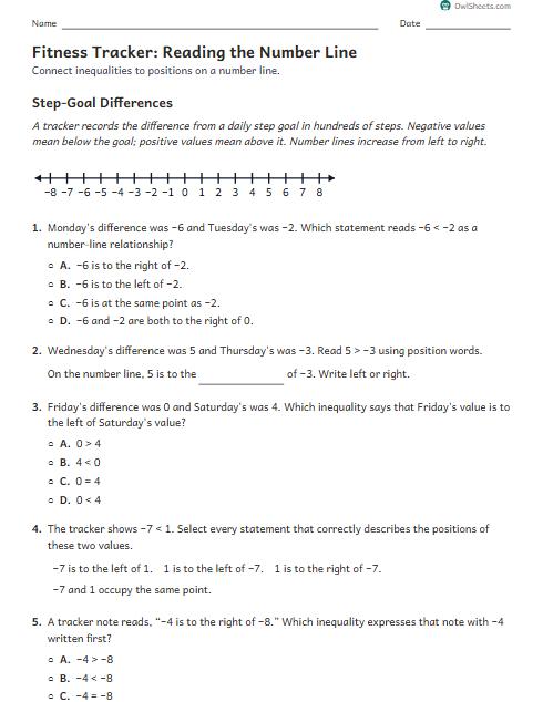 Fitness Tracker: Reading the Number Line worksheet preview