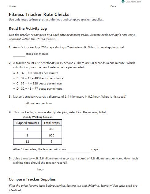 Fitness Tracker Rate Checks worksheet preview