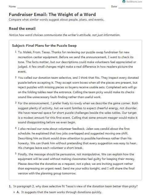 Fundraiser Email: The Weight of a Word worksheet preview