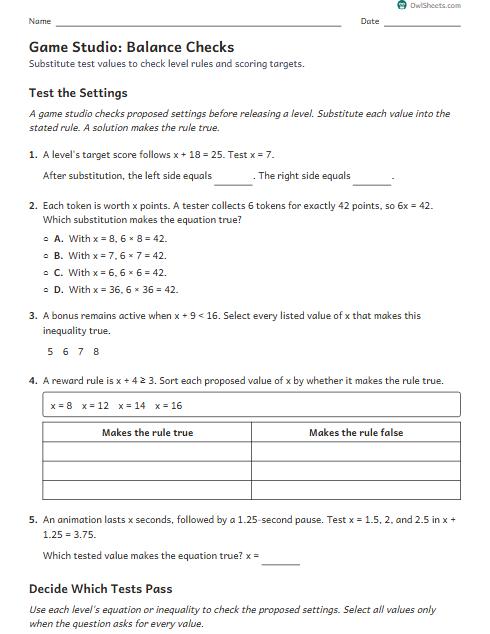 Game Studio: Balance Checks worksheet preview