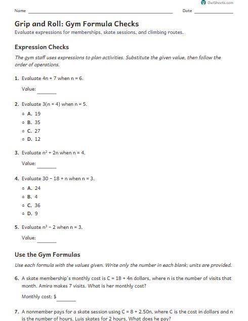 Grip and Roll: Gym Formula Checks worksheet preview
