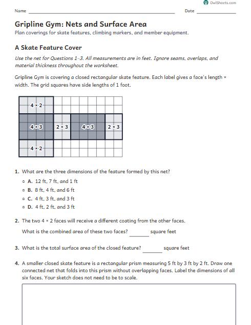 Gripline Gym: Nets and Surface Area worksheet preview