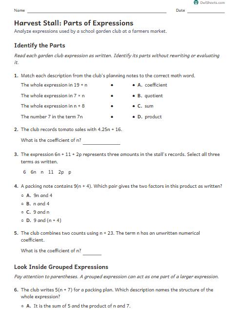 Harvest Stall: Parts of Expressions worksheet preview