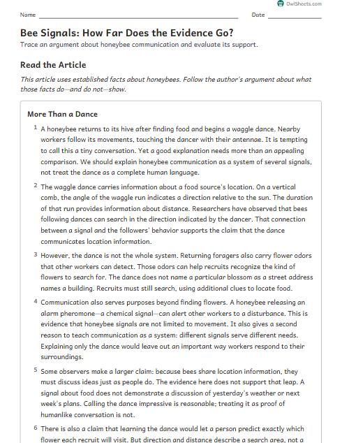 Bee Signals: How Far Does the Evidence Go? worksheet preview