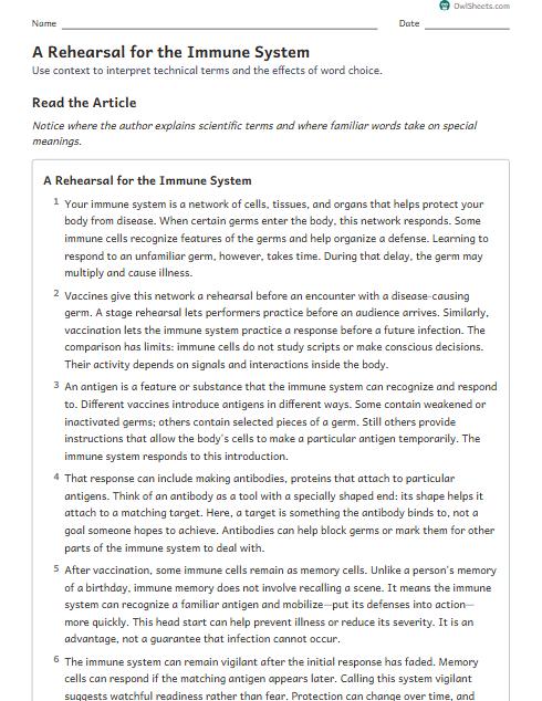 A Rehearsal for the Immune System worksheet preview