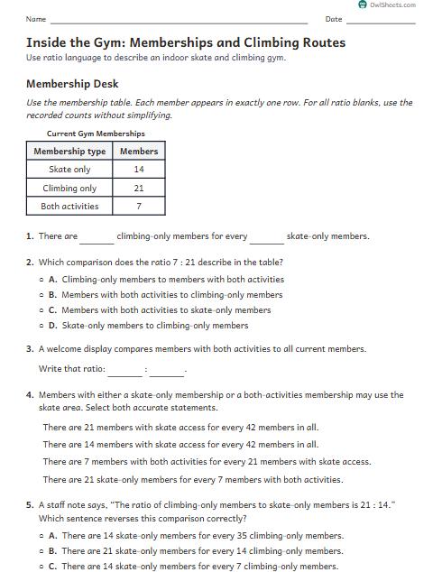 Inside the Gym: Memberships and Climbing Routes worksheet preview