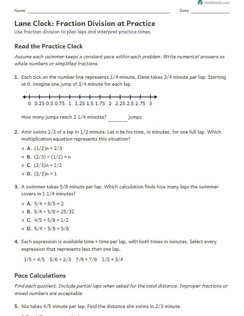 Lane Clock: Fraction Division at Practice worksheet preview