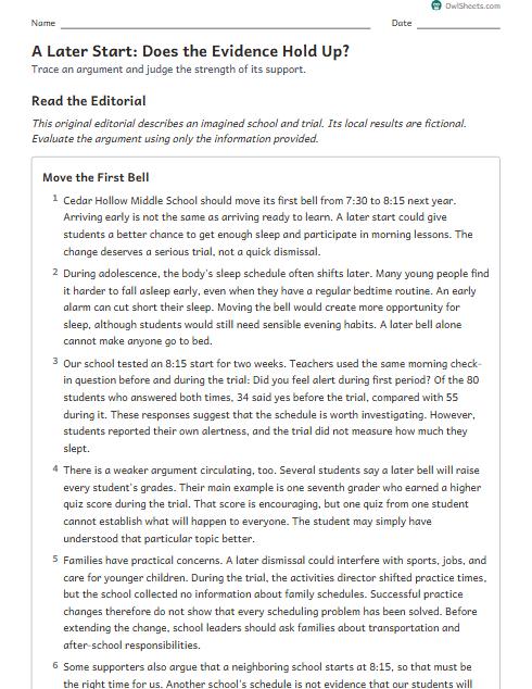 A Later Start: Does the Evidence Hold Up? worksheet preview