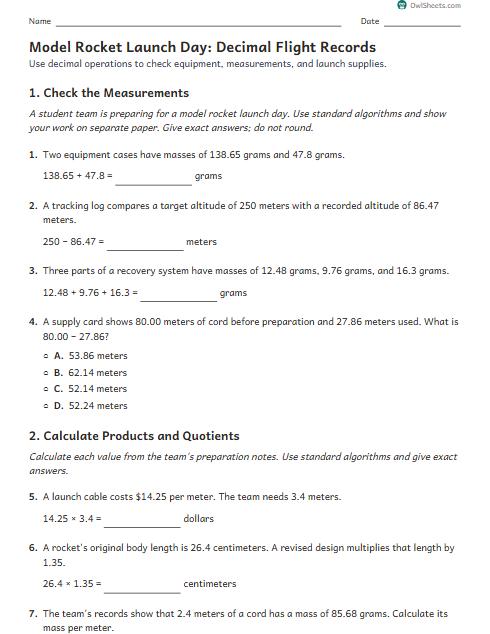 Model Rocket Launch Day: Decimal Flight Records worksheet preview