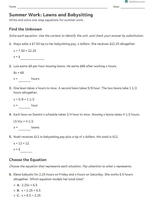 Summer Work: Lawns and Babysitting worksheet preview