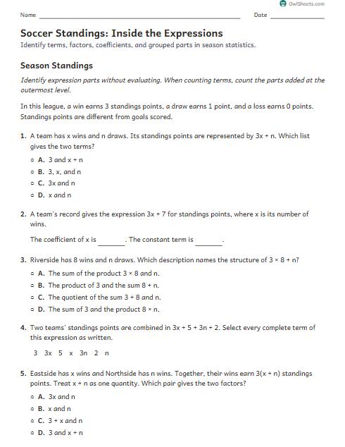 Soccer Standings: Inside the Expressions worksheet preview