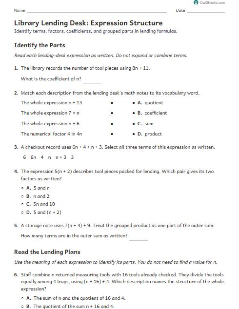 Library Lending Desk: Expression Structure worksheet preview