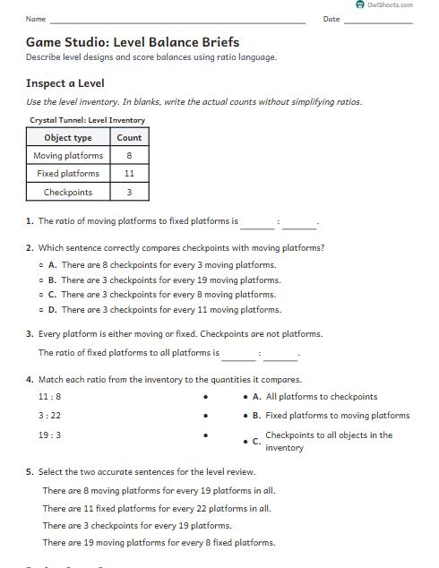 Game Studio: Level Balance Briefs worksheet preview