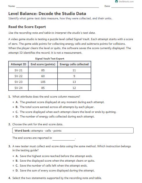 Level Balance: Decode the Studio Data worksheet preview