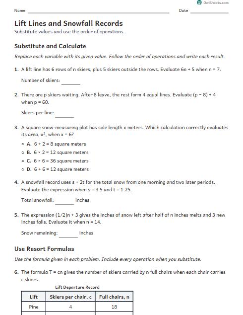 Lift Lines and Snowfall Records worksheet preview