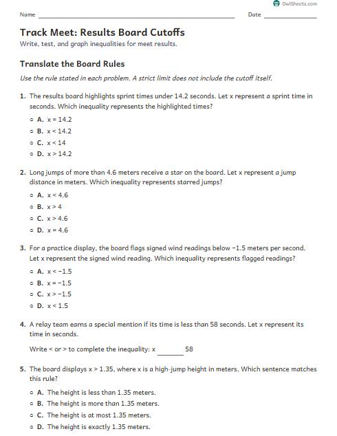 Track Meet: Results Board Cutoffs worksheet preview