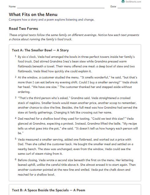 What Fits on the Menu worksheet preview