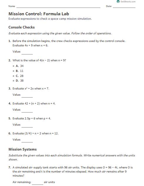 Mission Control: Formula Lab worksheet preview