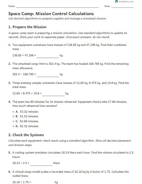 Space Camp: Mission Control Calculations worksheet preview