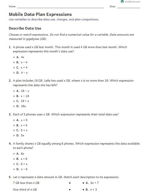 Mobile Data Plan Expressions worksheet preview
