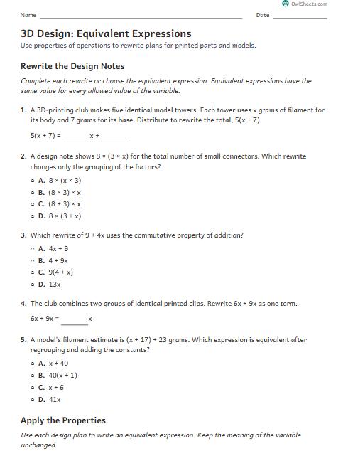 3D Design: Equivalent Expressions worksheet preview
