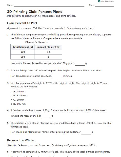 3D-Printing Club: Percent Plans worksheet preview