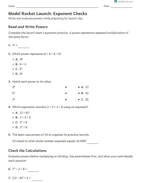 Model Rocket Launch: Exponent Checks worksheet preview