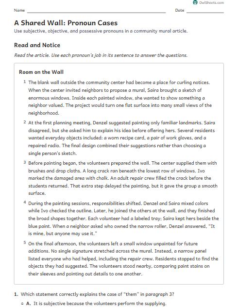 A Shared Wall: Pronoun Cases worksheet preview