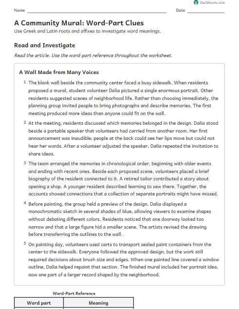A Community Mural: Word-Part Clues worksheet preview