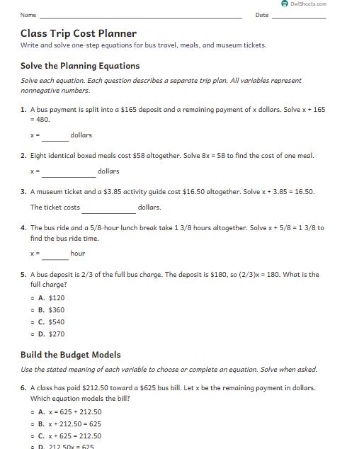 Class Trip Cost Planner worksheet preview