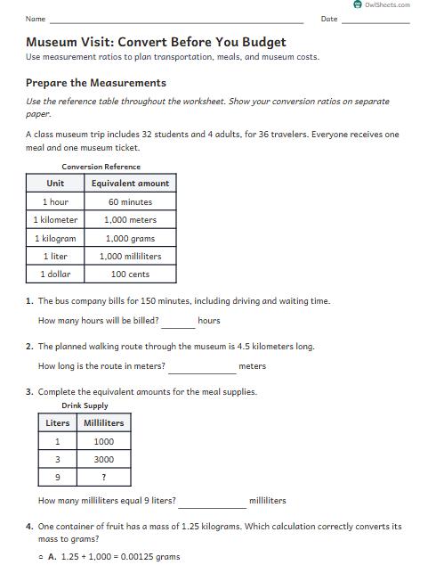 Museum Visit: Convert Before You Budget worksheet preview