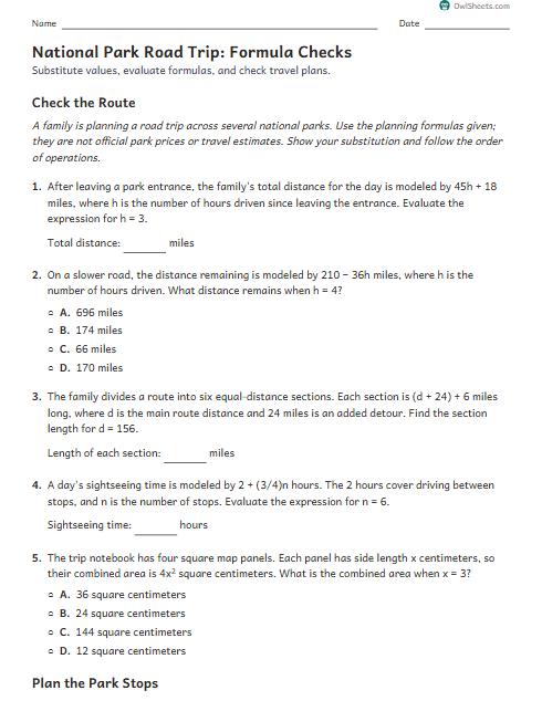 National Park Road Trip: Formula Checks worksheet preview