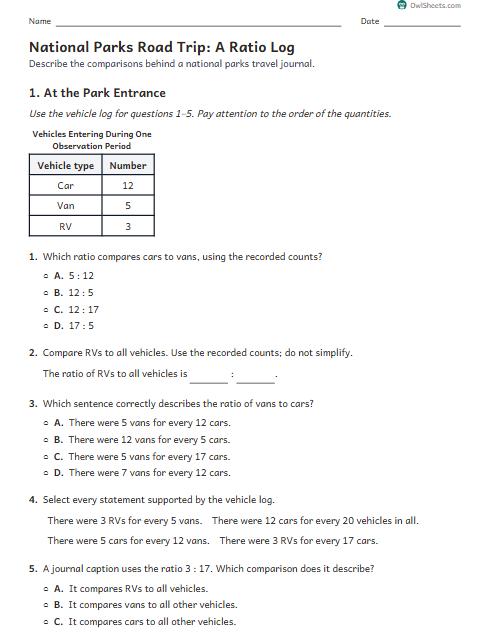 National Parks Road Trip: A Ratio Log worksheet preview