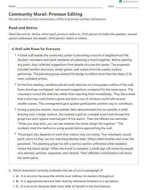 Community Mural: Pronoun Editing worksheet preview