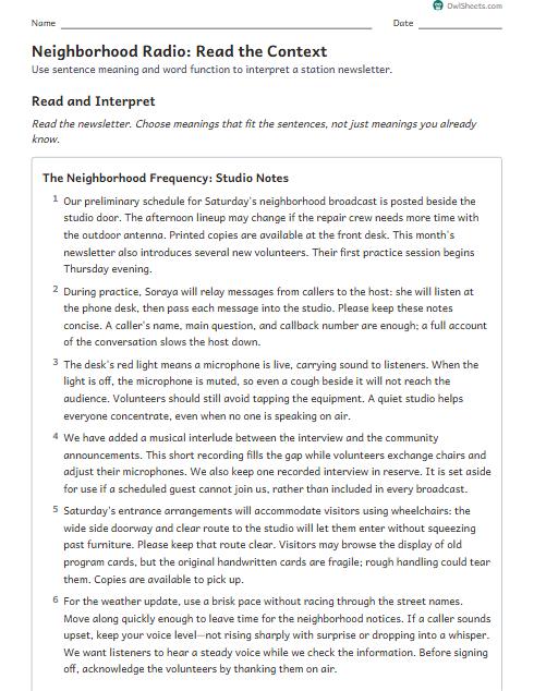 Neighborhood Radio: Read the Context worksheet preview