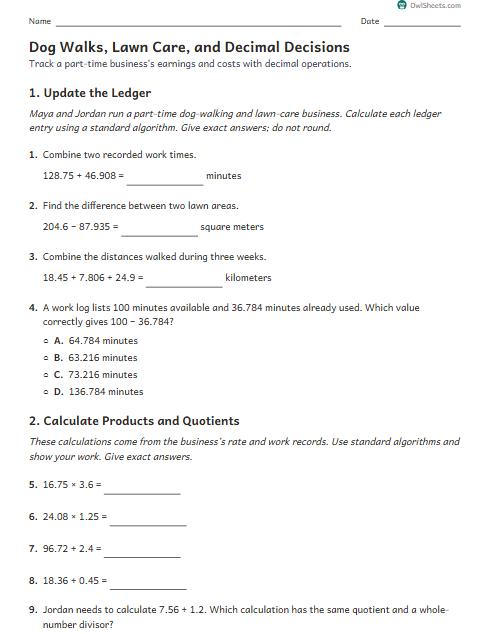 Dog Walks, Lawn Care, and Decimal Decisions worksheet preview