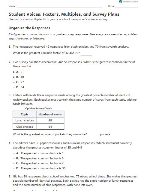 Student Voices: Factors, Multiples, and Survey Plans worksheet preview
