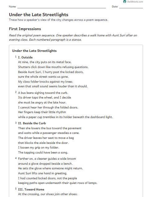 Under the Late Streetlights worksheet preview