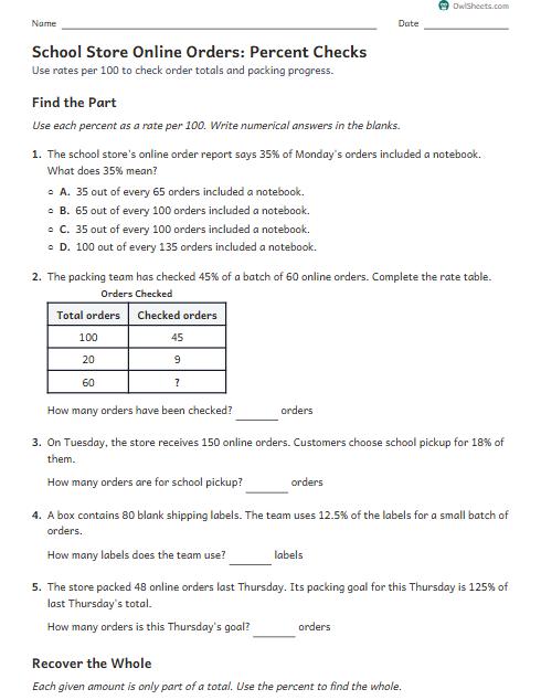 School Store Online Orders: Percent Checks worksheet preview