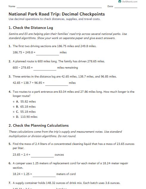 National Park Road Trip: Decimal Checkpoints worksheet preview